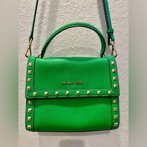 Michael Kors Green Leather Studded Dillon Top-Handle Satchel crossbody strap